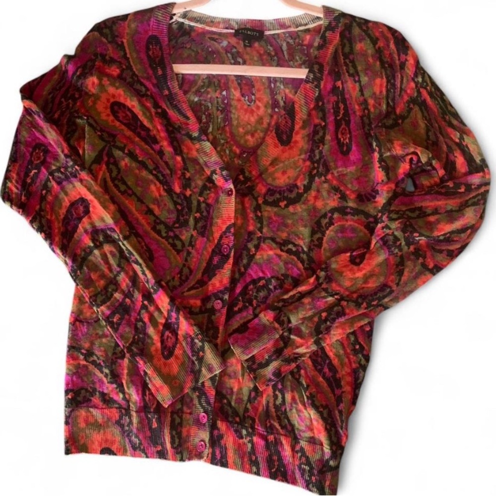 Talbots 100% Merino Wool Multicolor Paisley Cardigan Sweater - M